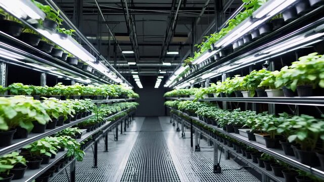 Plant shelf under LED light in indoor greenhouse with tray of seedling and potted plant for hydroponic farm nursery production, orderly row of green leaf showing steady plant growth and healthy yield