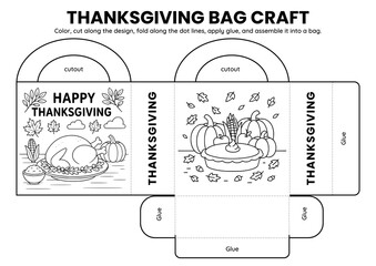 Fun Thanksgiving bag crafts for kids! Includes printable DIY coloring templates with turkeys, food, and fall themes. Perfect for classroom art, home activities, and holiday celebrations.