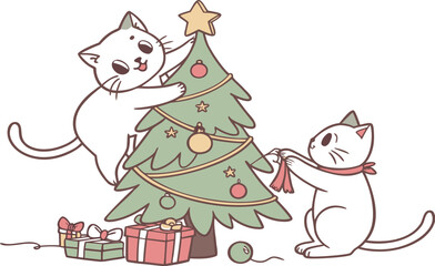 Cute cartoon cat and dog vector illustration near a Christmas tree with snow, wearing winter hats for a fun holiday card