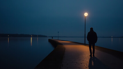 Fototapeta premium A solitary figure walks a pier at dusk, illuminated by lamplight against a backdrop of serene water and a darkening sky, evoking feelings of solitude and contemplation.