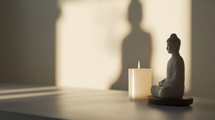 A serene image of a Buddha statue meditating beside a softly glowing candle, casting a tranquil shadow, capturing the essence of peace, mindfulness, and inner harmony.