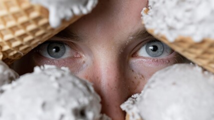 Spectral eyes peering through frosty waffle cones, invoking Ice Cream Day indulgence and the surreal chill of midwinter festivity