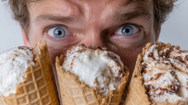 Eyes wide with frosty zeal, a man delights in triple waffle ice cream bounty; Sundae Sunday, brain freeze festival