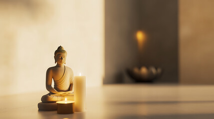 Buddha statue and candles create a peaceful ambiance, promoting relaxation and mindfulness. The warm lighting enhances the serene atmosphere, perfect for meditation.