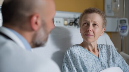 Obraz premium A serene exchange, an elderly Caucasian woman in a hospital gown shares a tender moment with a caring doctor; themes of empathy, World Health Day, and National Nurses Week resonate deeply