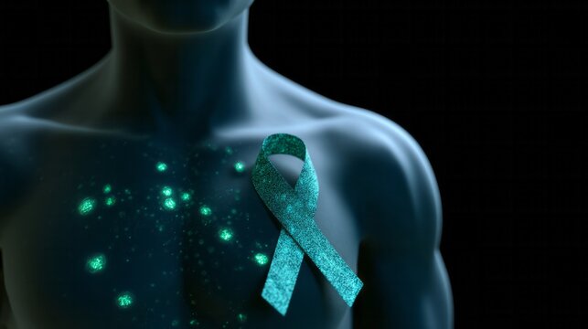 Under the shadowy calm, teal ribbon gleams on an ethereal chest, resonating Ovarian Cancer Awareness and Bodhi Day