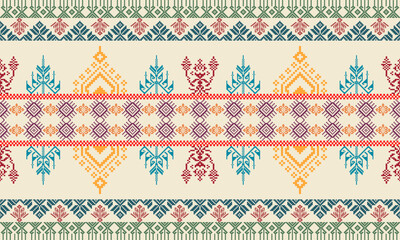 A seamless folk-style geometric textile pattern featuring repeating decorative borders and symmetrical pixel-like motifs in multiple colors on a light background. Suitable for fabric design, wallpaper