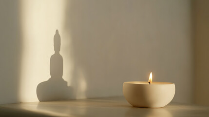 A flickering candle flame casts a shadow of a figure in meditation on the wall.  A serene scene evokes tranquility and peace for a moment of zen during meditation.