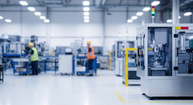Two technicians working in a modern factory with advanced machinery.