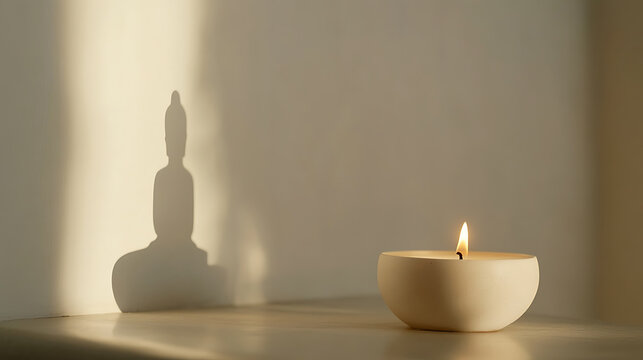 A flickering candle flame casts a shadow of a figure in meditation on the wall. A serene scene evokes tranquility and peace for a moment of zen during meditation. - Powered by Adobe