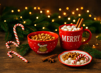 Christmas breakfast scene with red mug of hot chocolate, cereal bowl, candy canes, and festive lights on wooden table. Cozy holiday composition with marshmallows, cinnamon, and fir branches.