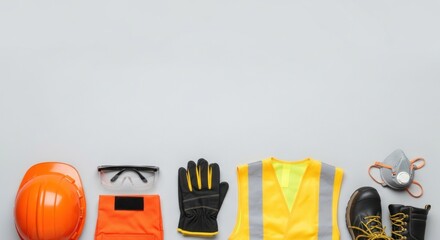 Construction safety equipment on a grey background.