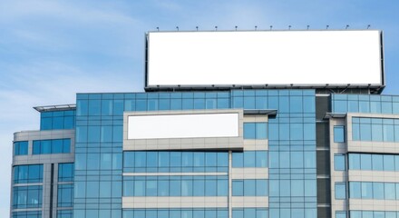Obraz premium A large, modern glass building with a blank white billboard on top.