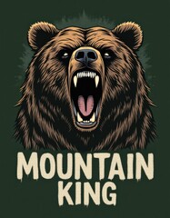 Fierce roaring grizzly bear head illustration with Mountain King text, vector style mascot design on green background.