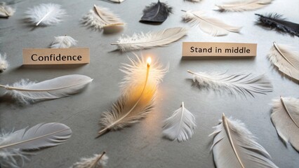 A single upright glowing feather at the center of scattered feathers