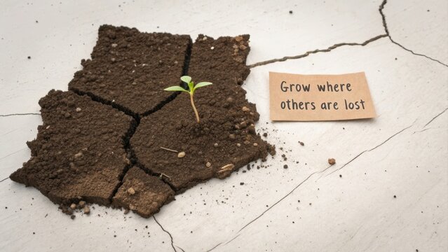 A small plant sprouting from cracked earth with inspirational text