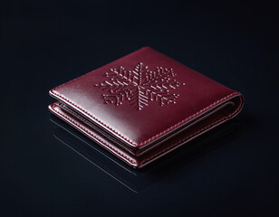 Burgundy leather wallet with embossed snowflake pattern resting on a reflective surface in a studio setting, conveying luxury and sophistication.