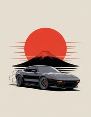 Dynamic illustration of a JDM sports car in front of Mount Fuji and a red rising sun, representing Japanese automotive culture.