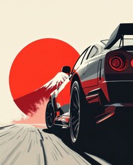 Dynamic illustration of a JDM sports car in front of Mount Fuji and a red rising sun, representing Japanese automotive culture.
