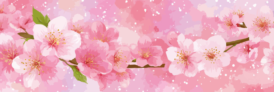 Sfondo digitale ad acquerello con delicati fiori di ciliegio rosa e petali cadenti per la primavera.