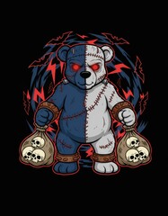 Fierce polar bear bandit character wearing a cowboy hat, holding bags of gold and dynamite with wanted posters in the background.