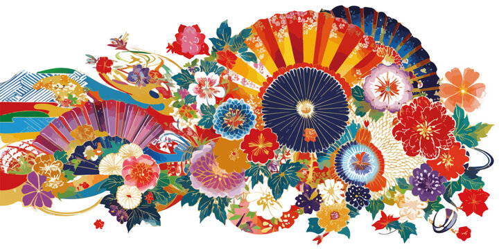 Vettore decorativo giapponese con ventagli, fiori colorati e motivi tradizionali per celebrazioni.