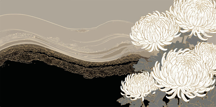 Vettore elegante di crisantemi bianchi stilizzati con sfondo astratto in tonalit&agrave; seppia e nero.