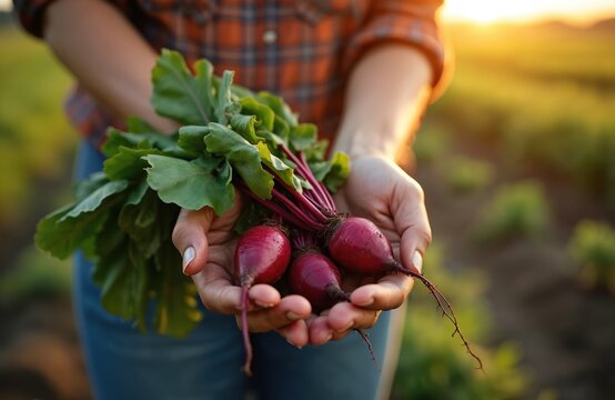 Woman holds fresh beetroots in hands after harvesting on farm at sunset. Female farmer shows a bunch of organic beetroot with green leaves. Harvesting fresh vegetables during farming time.
