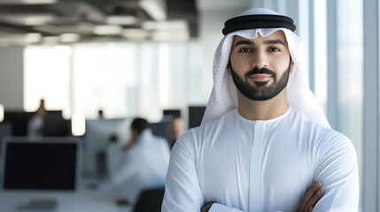 Confident Emirati businessman stands in a modern office setting, wearing traditional attire with arms crossed, a symbol of success, ambition, and cultural pride.