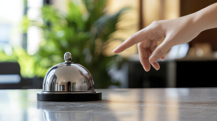 Service bell on counter with hand reaching out to press it, symbolizing communication and service
