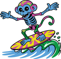 Cartoon monkey surfing colorful surfboard on blue waves