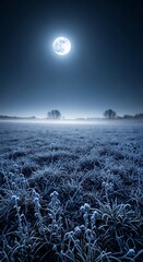 Nighttime landscape featuring full moon over a field with mist and trees