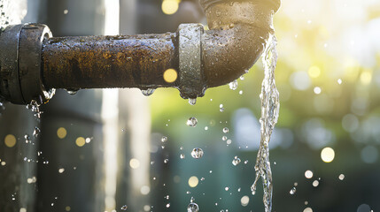 Water flows from rusty pipe, creating serene yet thought provoking scene with droplets sparkling in sunlight