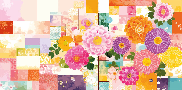 Un vibrante bouquet di crisantemi stilizzati su uno sfondo geometrico astratto dai colori pastello.