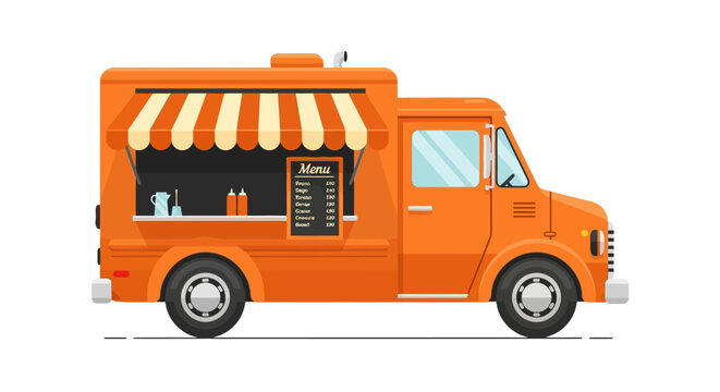 Vibrant Orange Food Truck with Menu Board and Striped Awning, Ready to Serve Delicious Cuisine