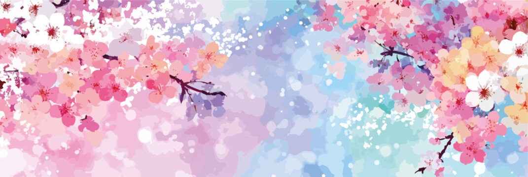 Fiori di ciliegio stilizzati con sfondo acquerellato in tonalit&agrave; pastello.