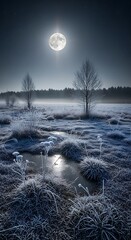 Nighttime landscape featuring full moon over frosted field and trees