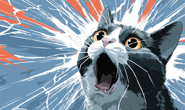 Gatto spaventato con espressione scioccata e sfondo astratto che simula una rottura o esplosione.