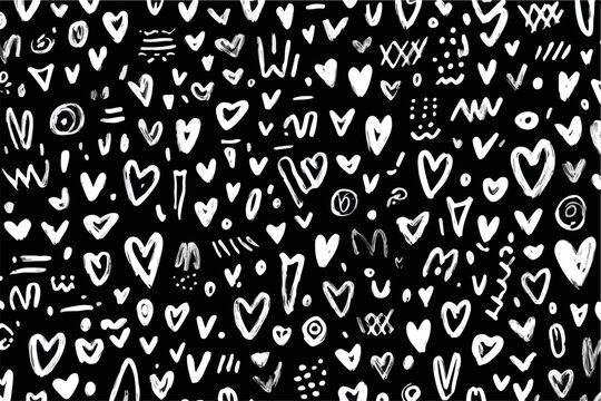 Pattern astratto di cuori disegnati a mano in bianco e nero, stile doodle, per sfondo romantico.