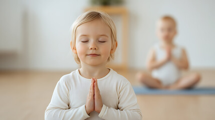 A serene child practices mindfulness, eyes closed and hands in prayer position. Soft light fills the room as a sibling mirrors the pose in the background, creating a peaceful, calming scene.