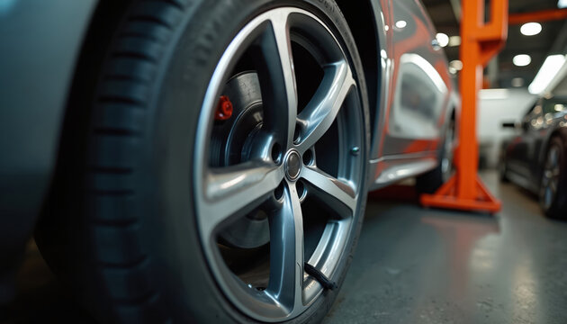 Vehicle tire close up view in auto service shop. Car wheel repair and change at vulcanization point. Automobile maintenance and replacement business with tire fitting service.