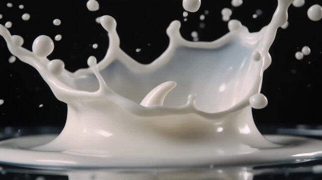 A cream milk splash and drop of liquid on a black background creates a captivating food art close-up design and shape