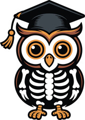 Cartoon owl wearing graduation cap and showing bones