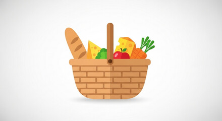 Illustration of picnic basket with bread cheese apple carrot and broccoli for outdoor food and drink