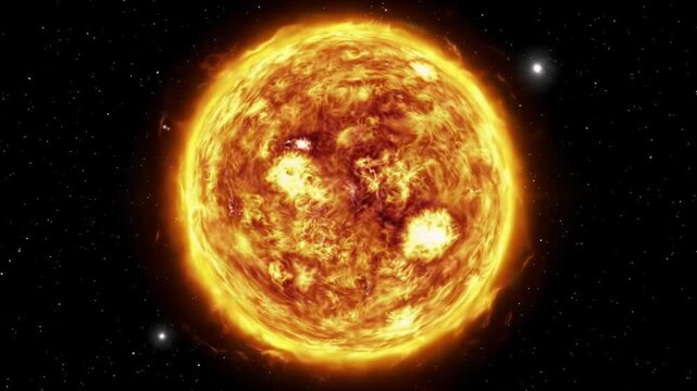 Colossal protostar blazing golden-orange flames, roiling plasma, solar flares. Zooming in, orbital tracking video with anamorphic flares in cosmic void. Dynamic solar energy concept