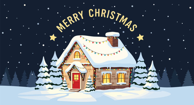Cozy snow covered cottage with festive christmas lights and falling snow under a starry night sky