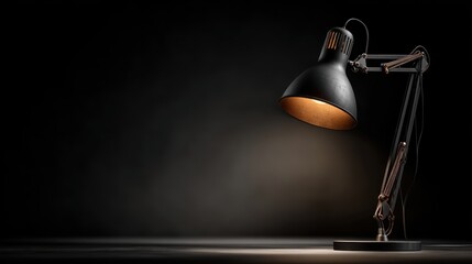 A classic black industrial desk lamp illuminates a dark studio with a warm amber glow. The lamp features a textured metal finish and adjustable arm, casting dramatic shadows.