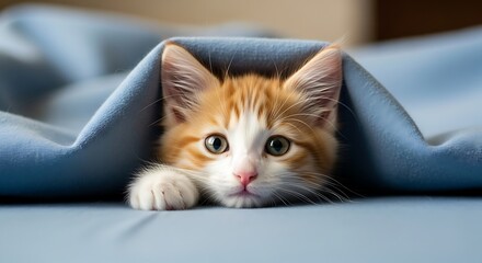 Orange and white kitten peeking from under blue blanket resting indoors