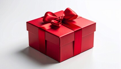 Obraz premium A Stunning Red Gift Box with a Silk Ribbon and Bow on a Plain White Background