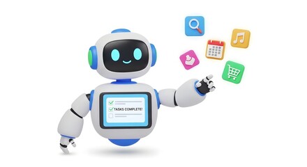Friendly cartoon robot with completed tasks screen and floating app icons, showcasing AI efficiency and digital assistance for modern businesses.